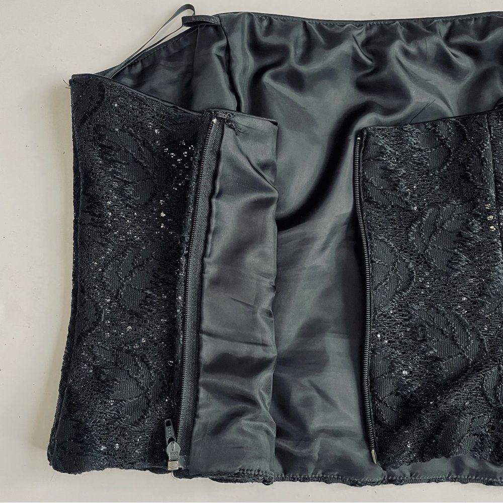 Jessica McClintock Vintage Black Leaf Pattern Lace Sequin Corset Zipper Size 12 - Picture 8 of 11